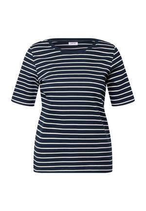 Granatowo-biała, paskowana koszulka z krótkim rękawem, z okrągłym dekoltem i prążkowaną fakturą. Paski są równomiernie rozmieszczone.