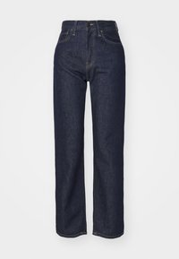 Dark blue high-waisted denim jeans with a straight leg cut. Features classic five-pocket design and contrast stitching.