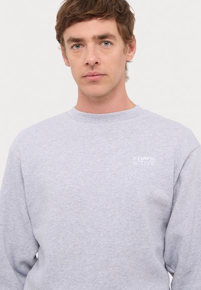 Sudadera gris clara hecha de un tejido suave, con cuello redondo y puños acanalados, con el logo "7 DAYS ACTIVE" en blanco en el lado izquierdo del pecho.