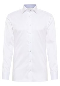 Weißes Langarmhemd aus glattem Baumwollstoff. Verfügt über einen klassischen Kragen, eine Knopfleiste vorne und eine gestreifte Innenkragenverkleidung.