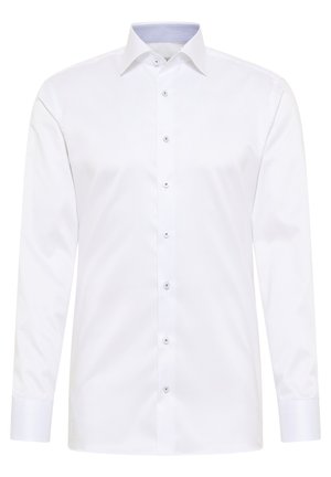 Witte blouse met lange mouwen van soepel katoen. Heeft een klassieke kraag, een sluiting met knopen aan de voorkant en een gestreepte voering in de kraag.