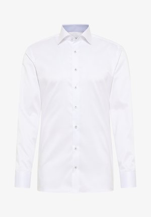 Witte blouse met lange mouwen van soepel katoen. Heeft een klassieke kraag, een sluiting met knopen aan de voorkant en een gestreepte voering in de kraag.