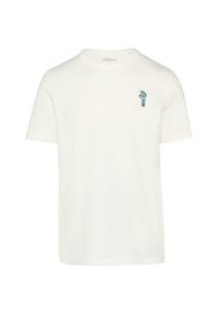 Witte katoenen t-shirt met korte mouwen en een ronde hals. Heeft een geborduurd graphic in blauw en groen op de linkerborst.