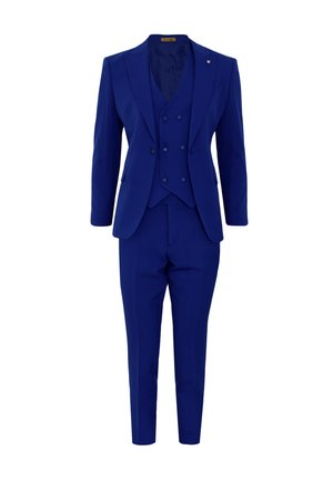 Blue three-piece suit featuring a fitted blazer, double-breasted vest, and slim trousers with a smooth texture and matte finish.