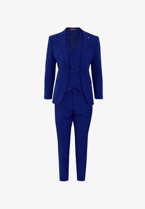 Blauer dreiteiliger Anzug mit einem taillierten Blazer, einer doppelt knöpfbaren Weste und schlanken Hosen in glatter Textur und mattem Finish.