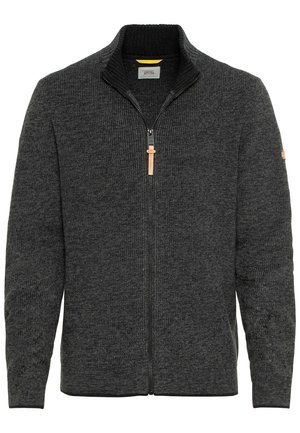 Ciemnoszary dzianinowy sweter na zamek z wysokim prążkowanym kołnierzem i skórzaną zawieszką suwaka.