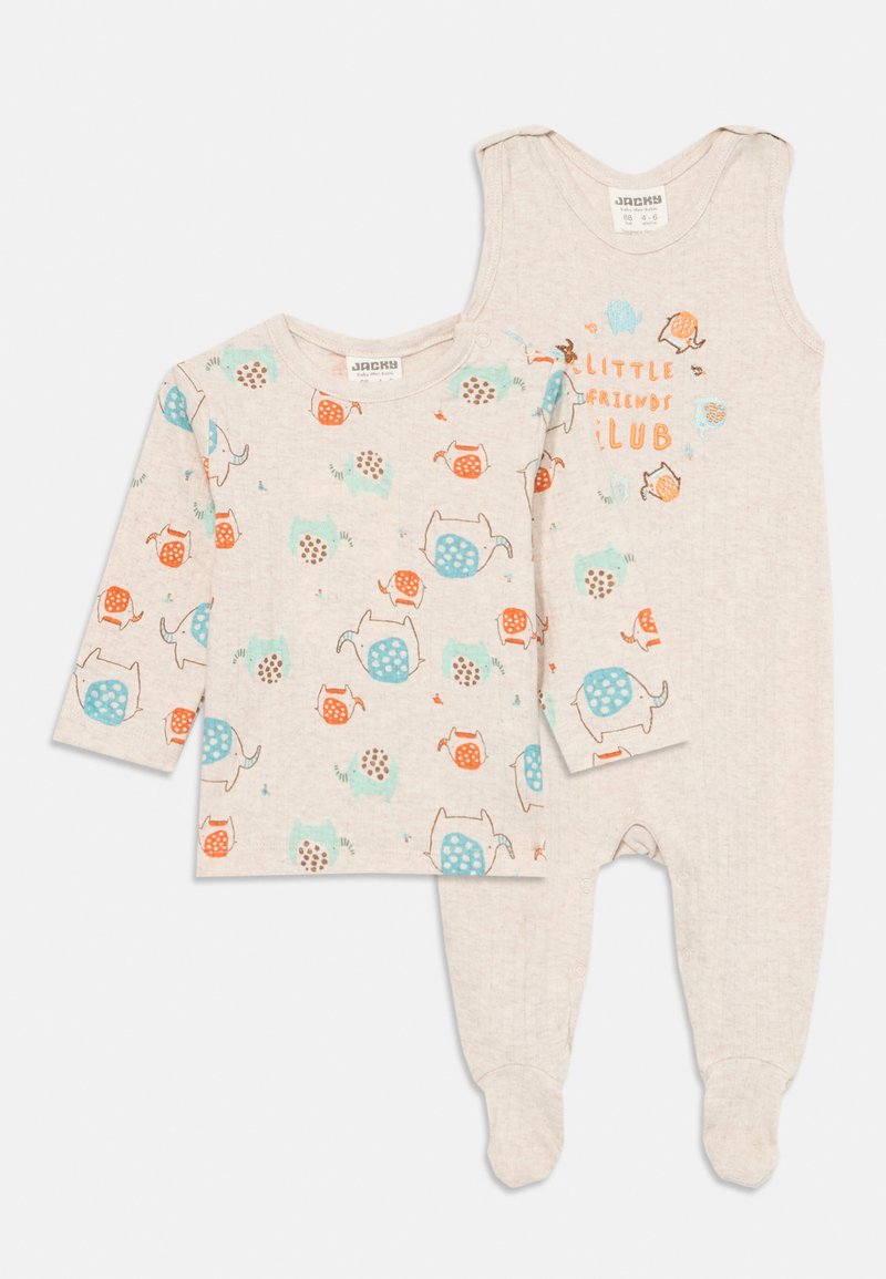 Bežinė kūdikių aprangos komplektas su ilgomis rankovėmis marškiniais ir kojinėmis tinkamomis kūdikiams; marškiniai turi spalvingus dramblio ir paukščio raštus, o rompersas turi tekstą "Mažųjų draugų klubas".