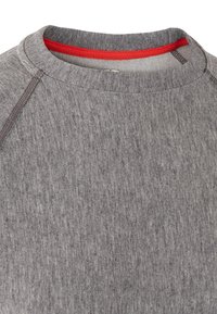 Grijze sweatshirt van een gestructureerde, gemêleerde stof. Heeft een ronde halslijn met een rode rand en raglanmouwen. Eenvoudig en functioneel ontwerp.