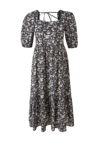 Robe midi noire à fleurs avec manches bouffantes, encolure carrée, taille froncée et détail noué dans le dos.