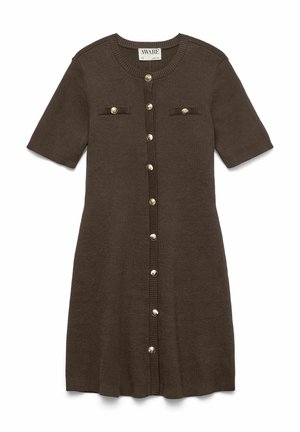 Brown knit dress with short sleeves, button front, and two chest pockets, featuring gold-tone buttons and ribbed detailing along the edges.
