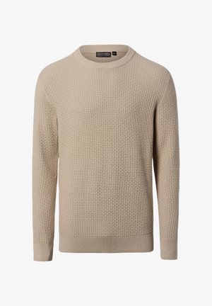 Beige gebreide trui met ronde hals, lange mouwen en geribbelde boorden en zoom, weergegeven op een witte achtergrond.