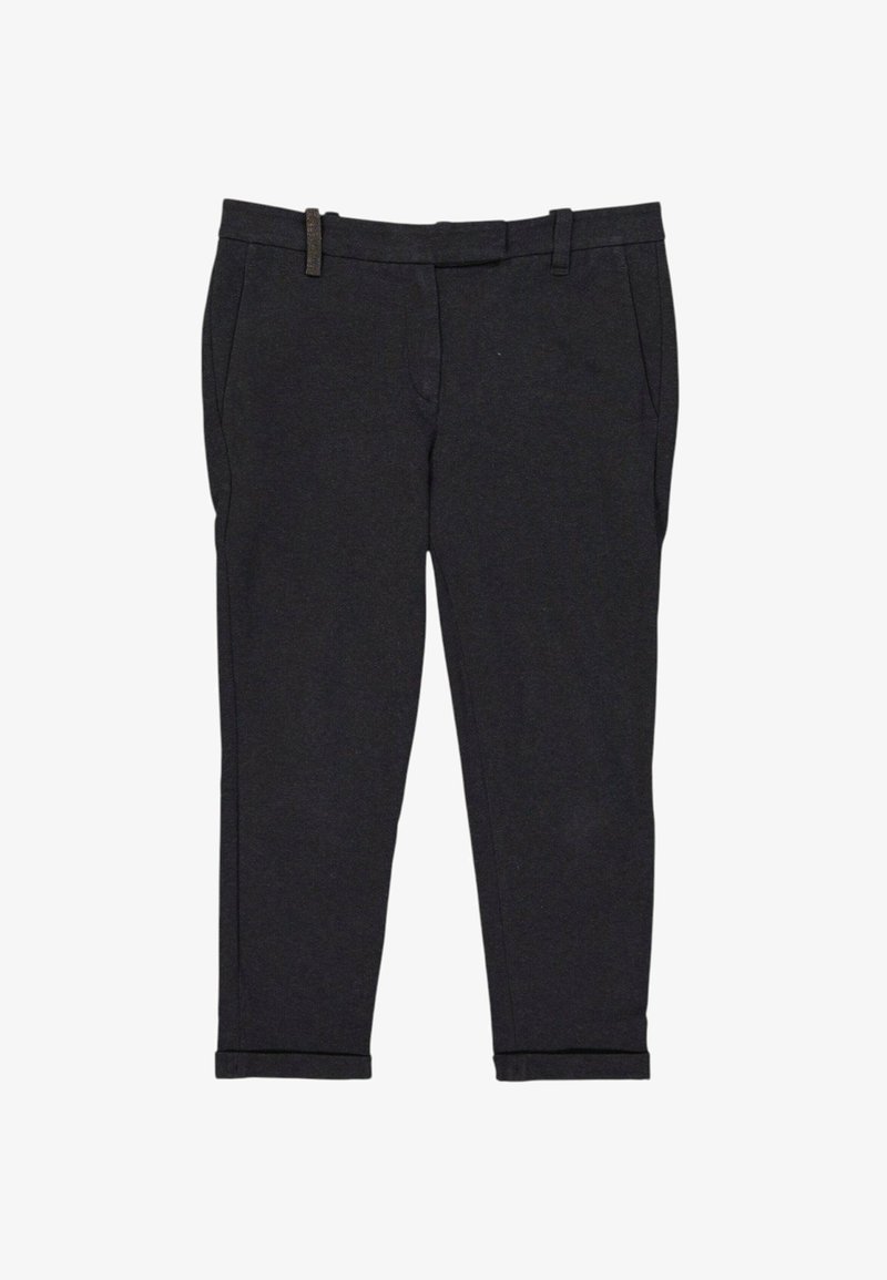 Pantalon homme slim gris foncé avec passants de ceinture, poches latérales et ourlets courts.