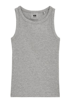 Sivý rebrovaný tielkový top bez rukávov pre deti, veľkosť 122/128, s okrúhlym výstrihom a textilnou etikietou vo vnútri goliera.