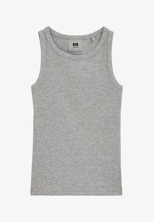 Sivi rebrasti bezrukavnik za djecu, veličina 122/128, s okruglim izrezom i oznakom od tkanine unutar ovratnika.