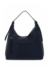 Sac à bandoulière en cuir bleu marine en forme de croissant, avec une poche zippée et une texture lisse. Poignée supérieure robuste pour le transport.