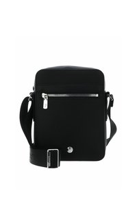 Black crossbody bag made of textured material, featuring a front zip pocket, adjustable strap, and a logo accent on the front.
