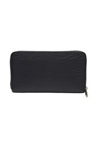 Portefeuille noir en matériau synthétique texturé, doté d'une fermeture éclair et d'une forme rectangulaire élégante, mesurant environ 20 centimètres.