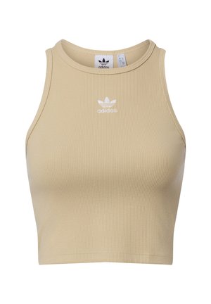 Ribbed, cropped tank top in beige with a round neckline and white Adidas logo on the chest. Made from stretchy cotton blend material.