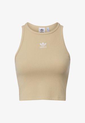 Canotta corta a coste color beige con scollo tondo e logo Adidas bianco sul petto. Realizzata in materiale misto cotone elastico.