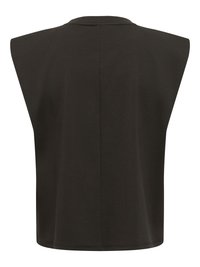 Haut noir sans manches avec larges panneaux d'épaules et une couture centrale descendant dans le dos.