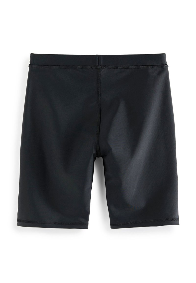 Shorts de bain noirs en tissu lisse et extensible. Dotés d'une taille élastique et de coutures à plat pour un confort et une durabilité accrus.