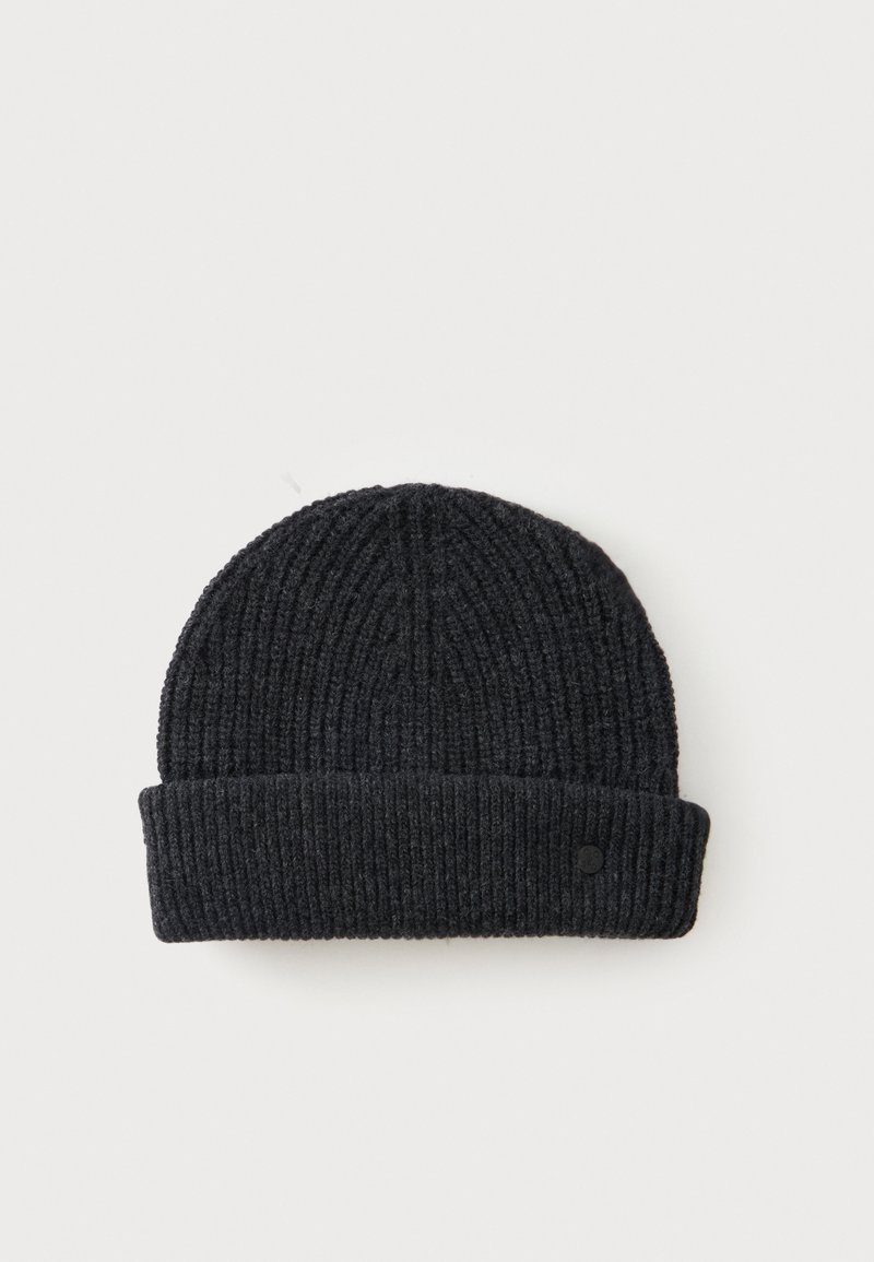 Bonnet en maille côtelée noire avec revers plié, présenté sur un fond clair uni.