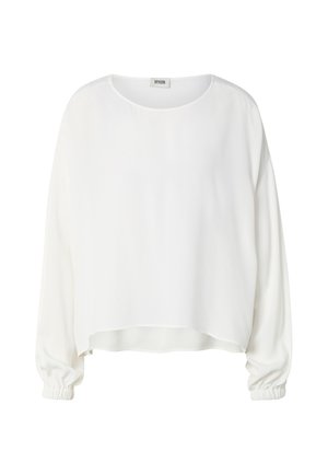 White long-sleeve blouse with round neckline and elastic cuffs, slightly cropped hem, made of lightweight fabric.
