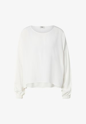 White long-sleeve blouse with round neckline and elastic cuffs, slightly cropped hem, made of lightweight fabric.