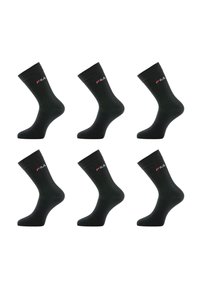 Six chaussettes crew noires Fila disposées en deux rangées de trois, chacune affichant le logo de la marque près du haut du bord.