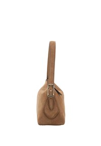 Brown suede handbag with a flat base, rounded top, single strap, and a metal buckle detail on the strap. Smooth texture with stitched accents.