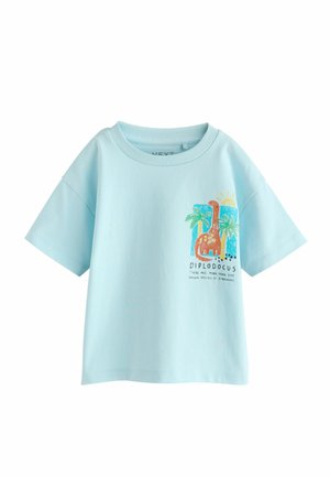 Light blue cotton t-shirt with short sleeves, featuring a colorful diplodocus graphic and tropical elements. "Diplodocus" text below design.