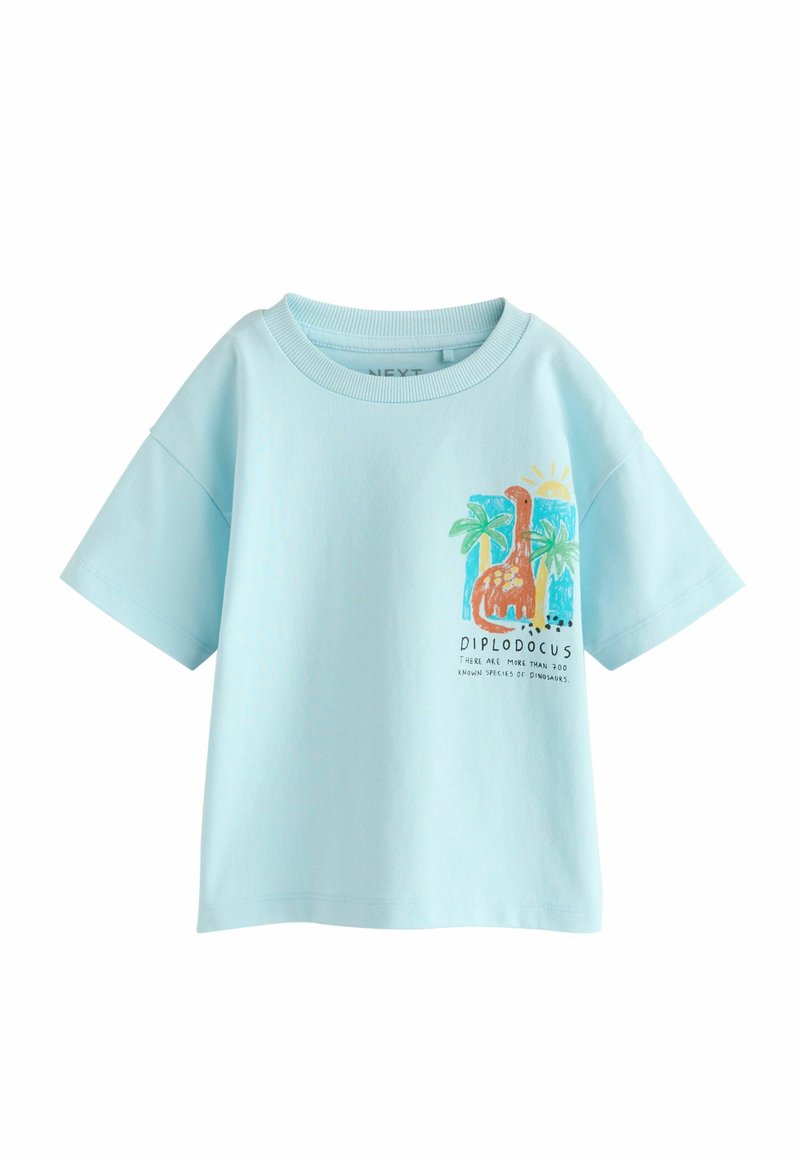 Hellblaues Baumwoll-T-Shirt mit kurzen Ärmeln, versehen mit einer bunten Diplodocus-Grafik und tropischen Elementen. Unter dem Design steht der Schriftzug "Diplodocus".