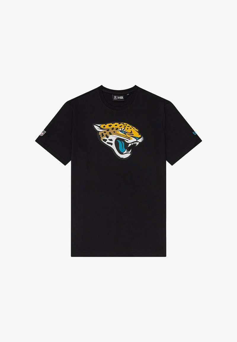 Schwarzes Baumwoll-T-Shirt mit einem großen, farbenfrohen Jaguarkopf-Graphic auf der Vorderseite und kurzen Ärmeln. Rundkragen, klassische Passform.