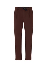 Pantaloni marroni con una texture liscia, dotati di una vita con cordino, pieghe sul davanti e design a gamba diritta per un aspetto elegante.