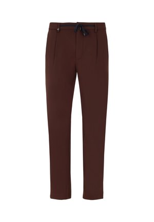 Pantaloni marroni con una texture liscia, dotati di una vita con cordino, pieghe sul davanti e design a gamba diritta per un aspetto elegante.