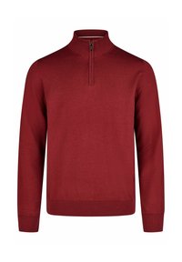 Červený dlouhý svetr s vysokým límcem a čtvrtím zipem vpředu. Měkká pletená textilie a žebrované manžety a lem.