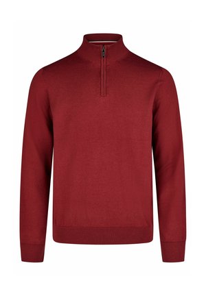 Rode, lange mouw pullover trui met hoge hals en een kwart-rits aan de voorkant. Zachte gebreide textuur en ribbels bij de mouwen en onderkant.