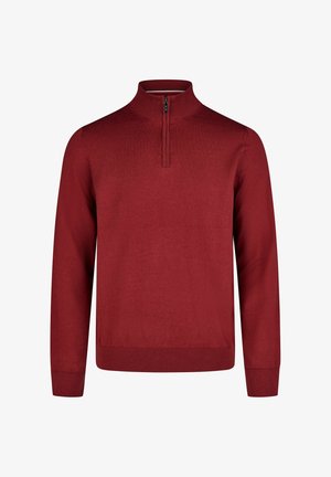 Red, long-sleeve pullover sweater with a high neck and a quarter-zip front. Soft knit texture and ribbed cuffs and hem.