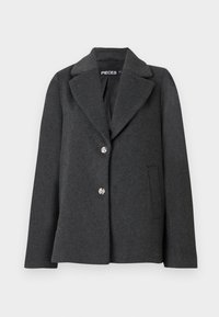 Blazer grise, ajusté, en tissu doux. Présente un col à revers, deux boutons argentés et une poche latérale. Intérieur doublé.
