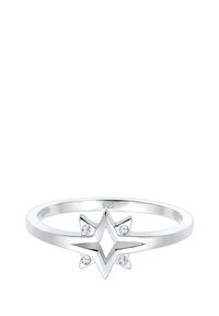 Sterling sølvring med stjernedesign, tre akcentsten, poleret overflade og enkel ring. Stemplet "925" indeni.