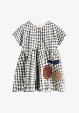 Schwarz-weiß kariertes Kurzarmkleid mit drei Knöpfen vorne und bestickten, lächelnden Kirschen mit blauen Blättern am Rock.