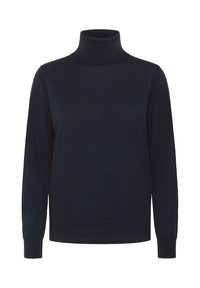 Navy high-neck sweater made of soft knit fabric, featuring long sleeves, ribbed cuffs, and a relaxed fit. Minimal design without embellishments.