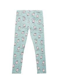 Leggings azul claro hechos de una tela elástica, que presentan un patrón repetido de unicornios con detalles en rosa y banderines decorativos.
