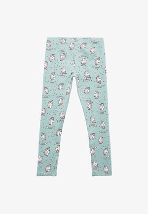 Lichtblauwe leggings van rekbaar materiaal, met een herhalend eenhoornpatroon met roze details en decoratieve banners.