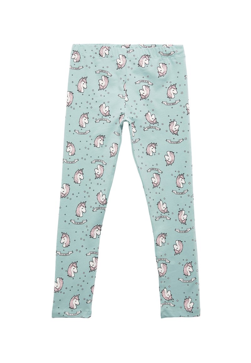 Leggings azul claro hechos de una tela elástica, que presentan un patrón repetido de unicornios con detalles en rosa y banderines decorativos.
