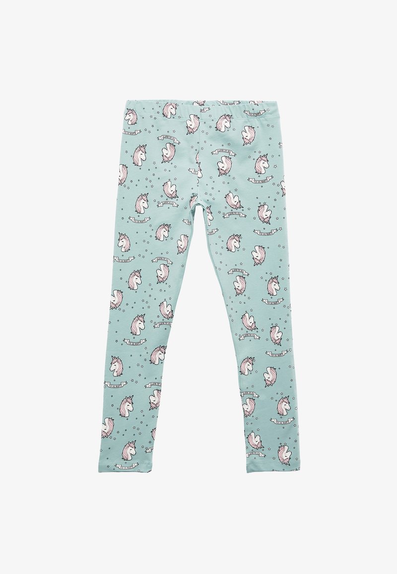Leggings azul claro hechos de una tela elástica, que presentan un patrón repetido de unicornios con detalles en rosa y banderines decorativos.
