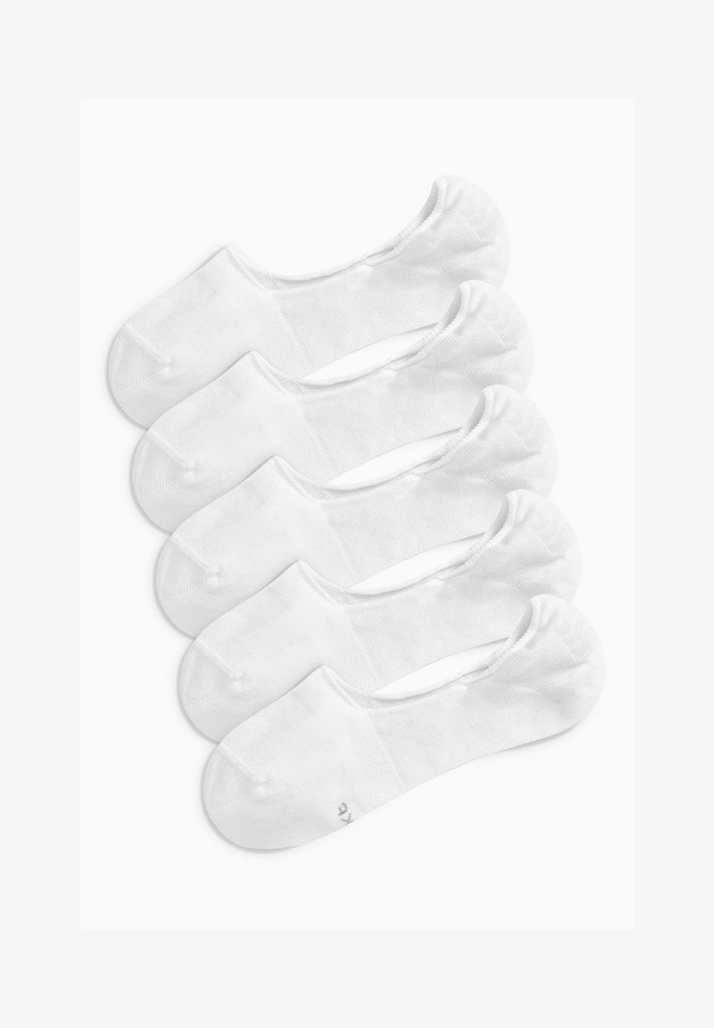 White cotton ankle socks, featuring a smooth texture, low-cut design, and reinforced heel and toe areas. Pack of five pairs.