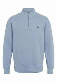 Ljusblå sweatshirt med kvartdragkedja, långa ärmar, ribbade ärmmuddar och nederkant, med en liten svart logotyp på bröstet.