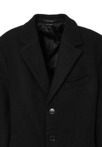 Manteau en mélange de laine noir avec un col cranté, une poche poitrine simple et deux boutons à l'avant, doté d'une doublure intérieure lisse.