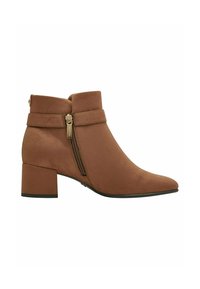 Brown suede ankle boots with a pointed toe, block heel, side zipper detail, and folded cuff design. Smooth texture with a sleek silhouette.